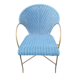 Fauteuil en rotin, couleur bleue, structure en métal, 1970