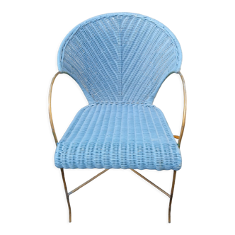 Rattan armchair, blue color, metal structure, 1970.
