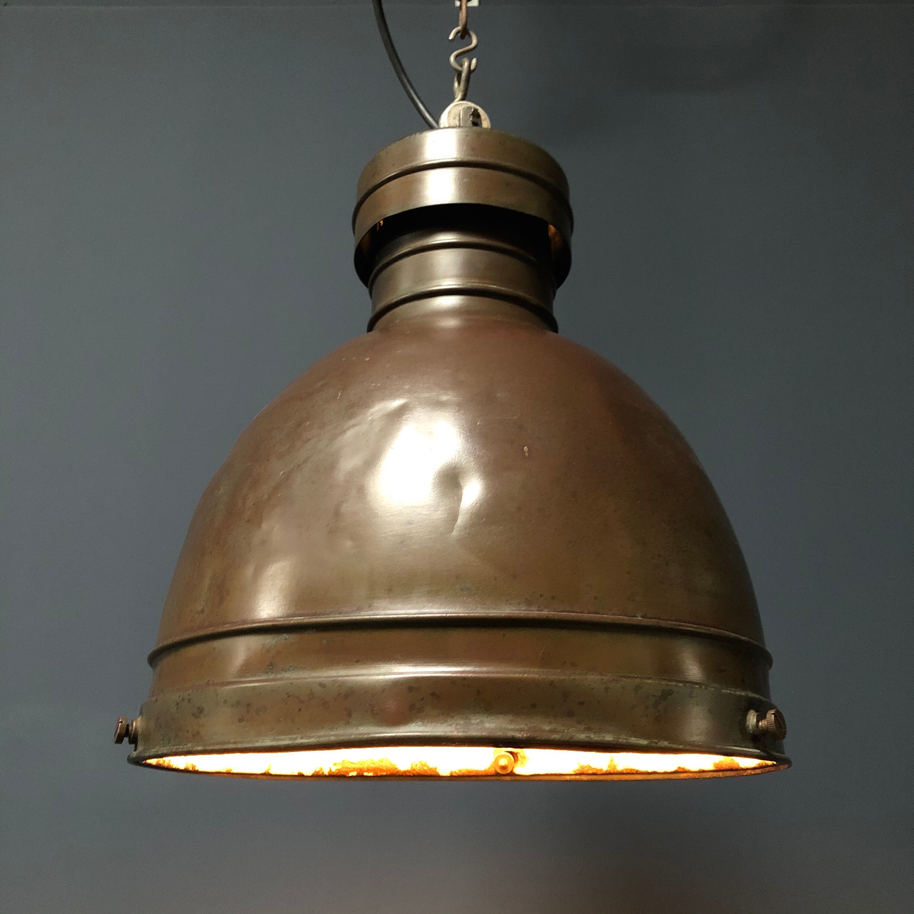 Old copper industrial church pendant light, Dutch 1930