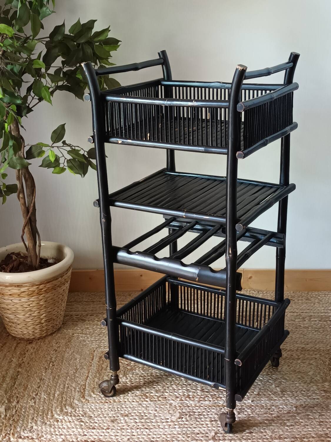 Vintage 50's black lacquered bamboo trolley