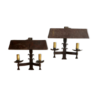 Pair of mid century patinated  iron outdoor wall lights