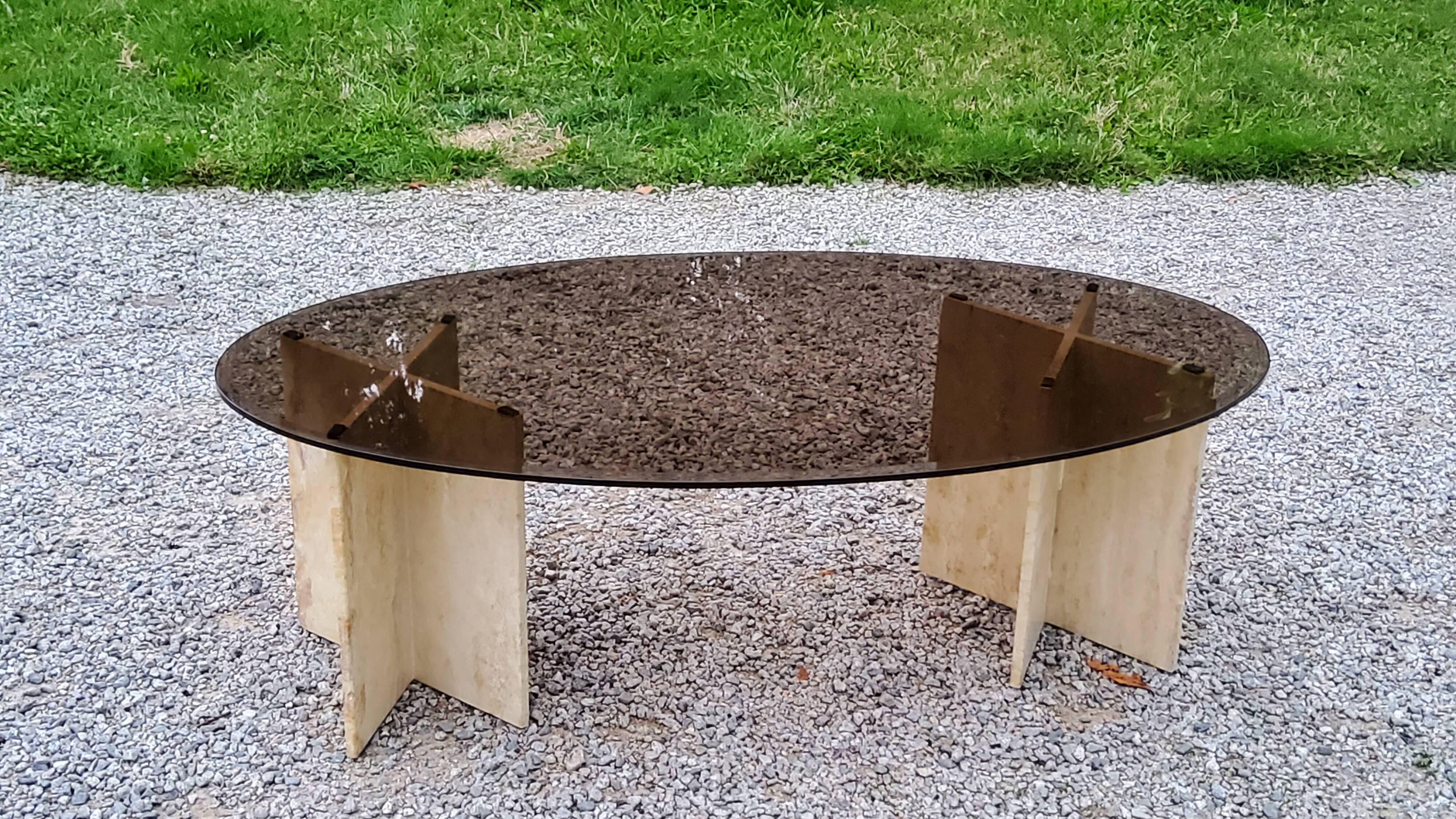 70s travertine and smoked glass designer coffee table