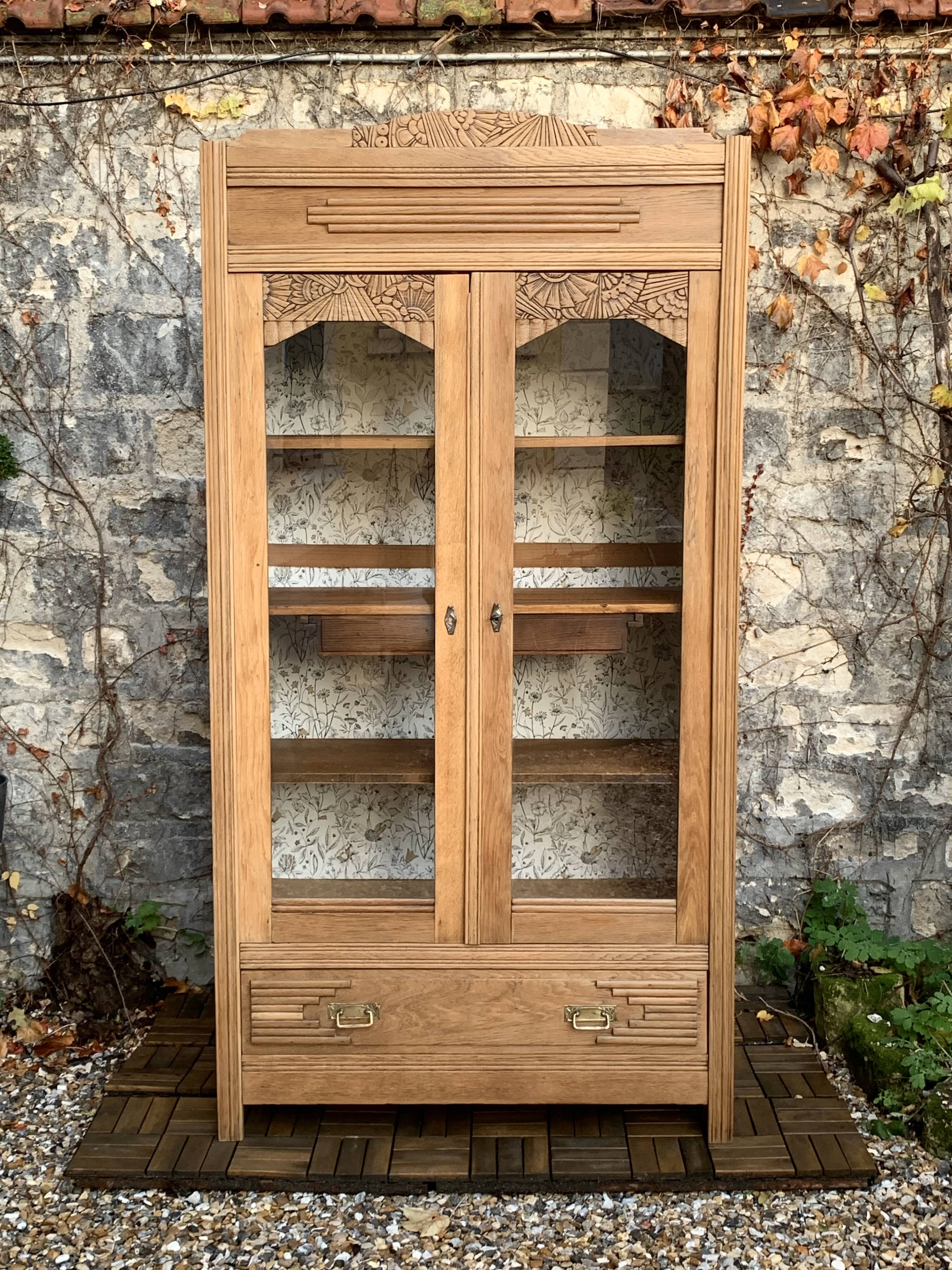 Parisian art deco glass cabinet in raw wood