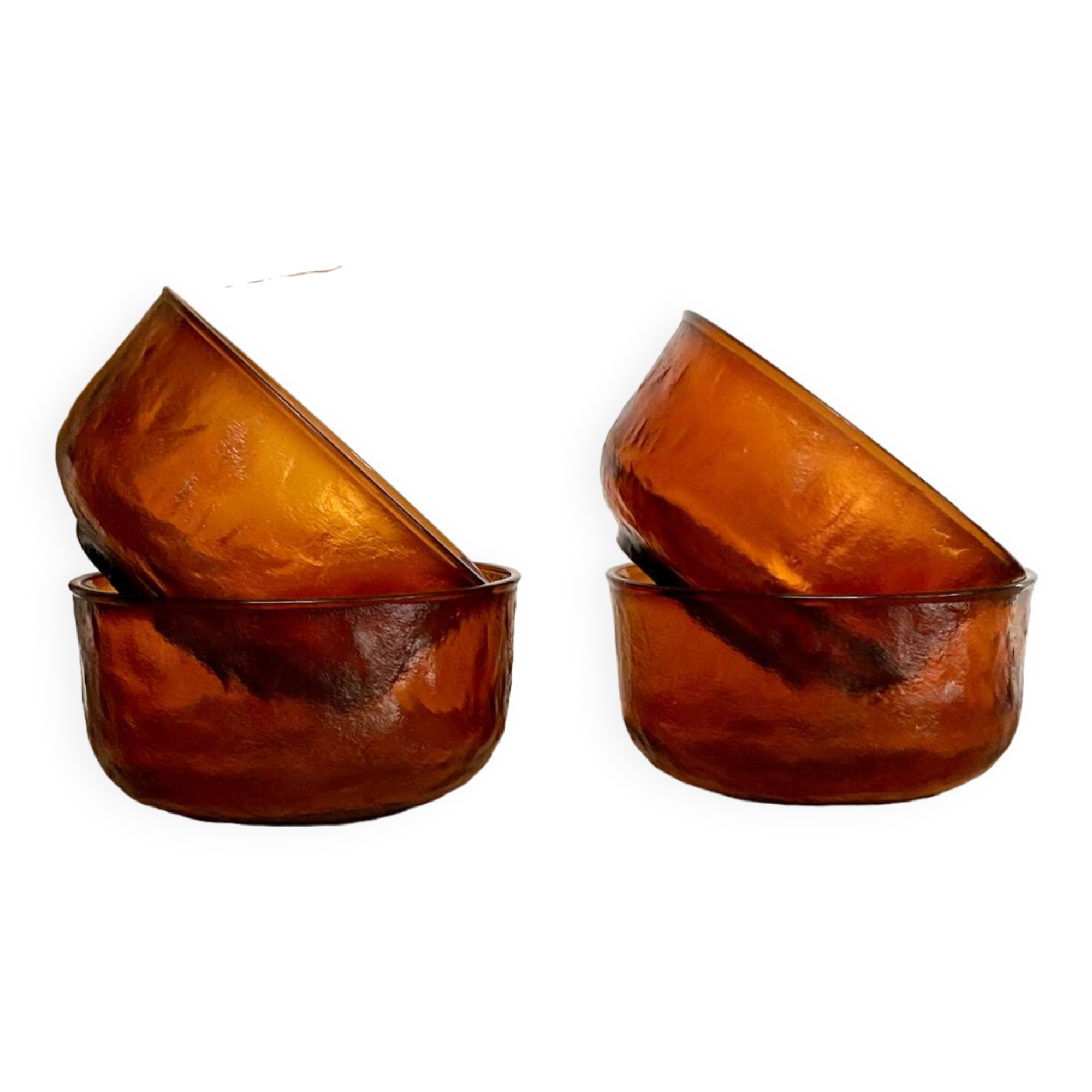 4 amber textured glass bowls