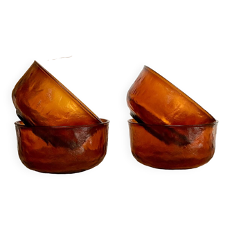 4 amber textured glass bowls