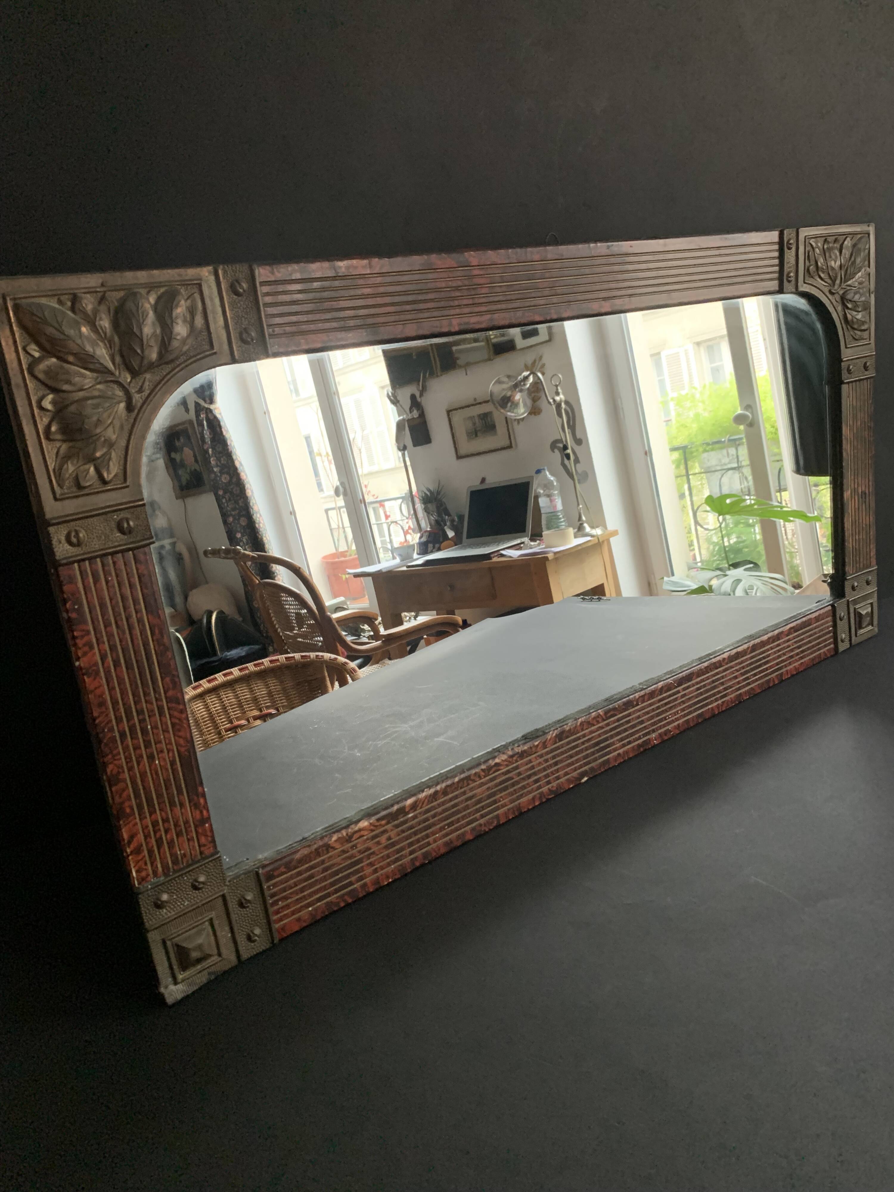 Hand painted art nouveau mirror decorated with chiseled brass, french mercury mirror from the 1920s