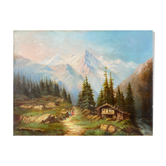 Painting HST full XIX° "Animated mountain landscape" small restoration
