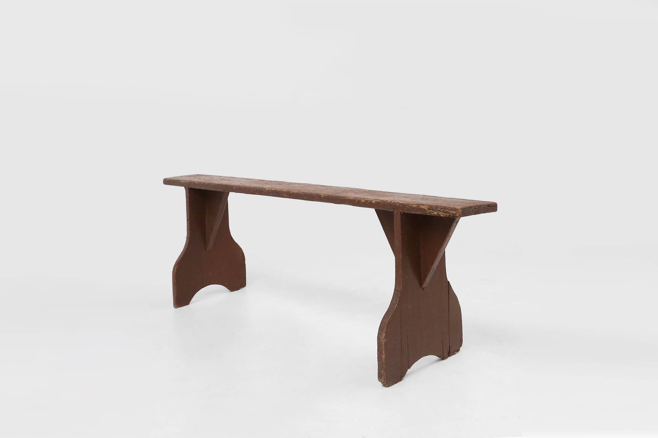 Mid-century rustic bench in brown painted wood, France ca. 1890
