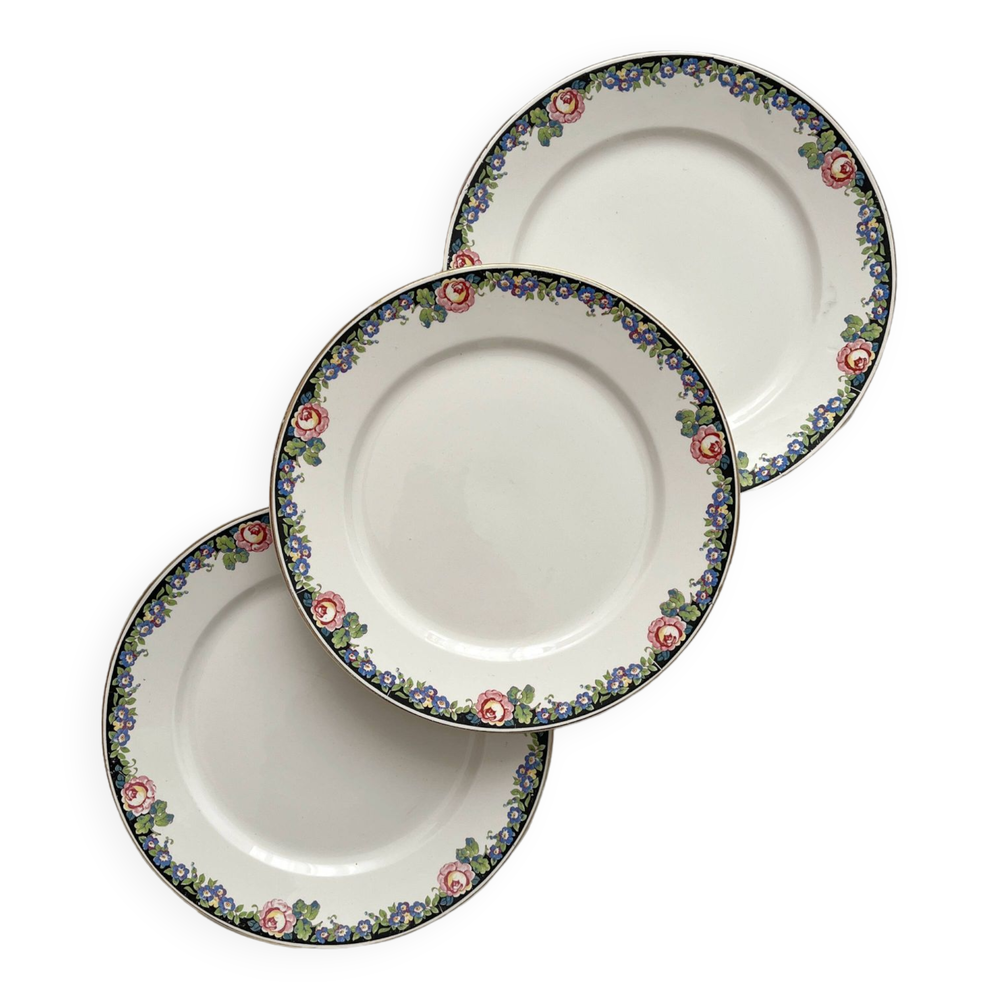 3 vintage black floral frieze dessert plates from Digoin and Sarreguemines