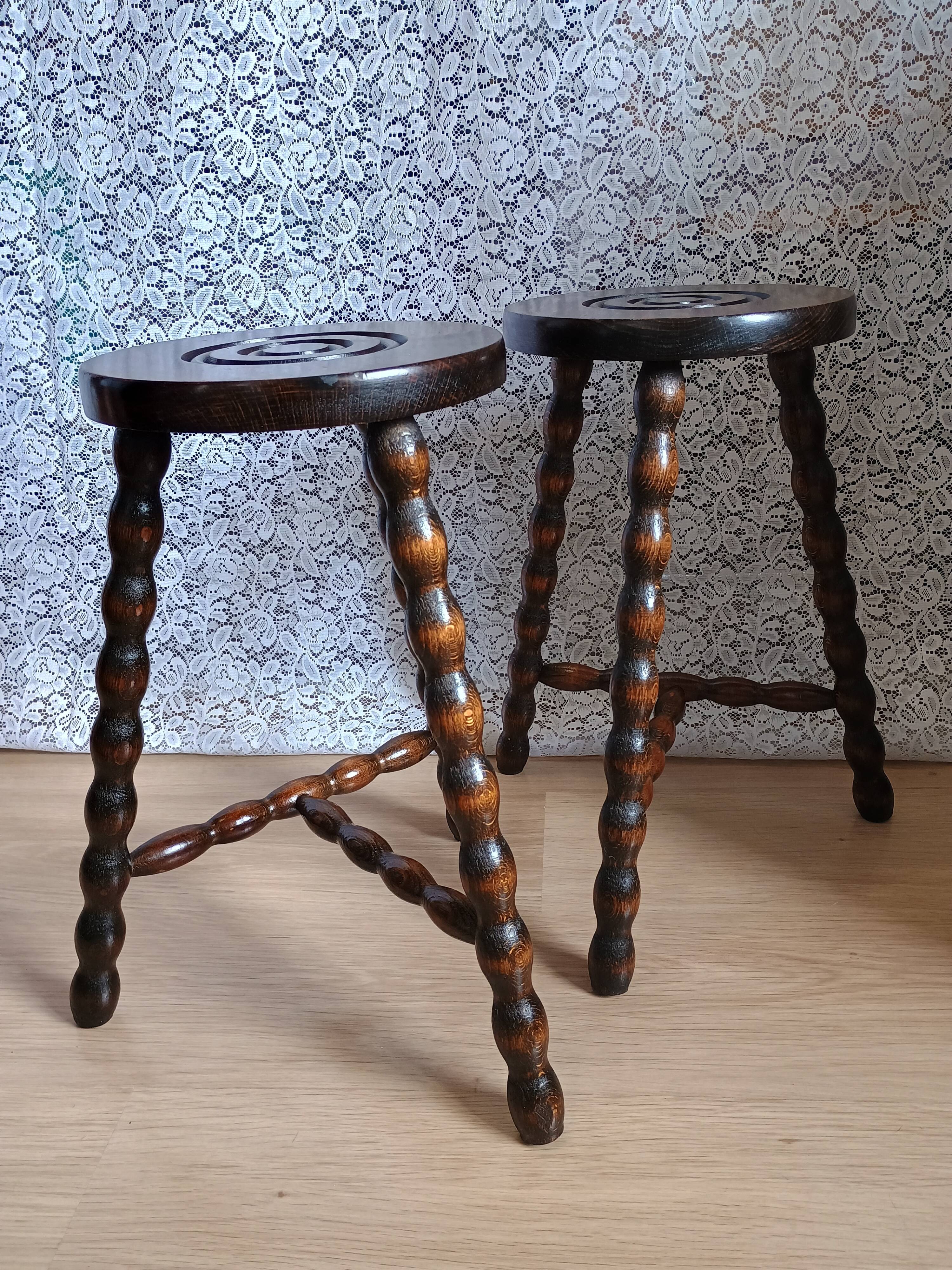 Pair of vintage turned wood tripod stools