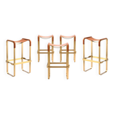 Set of 5 Contemporary Bar Stools in Aged Brass Metal and Natural Tobacco Leather