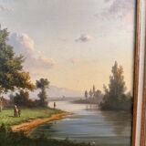 Oil on canvas landscape by the river – antique gilded frame