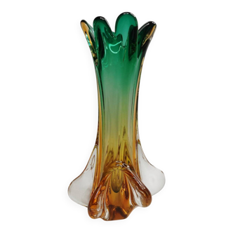 Artistic glass vase in green and amber shades – 1960s/70s