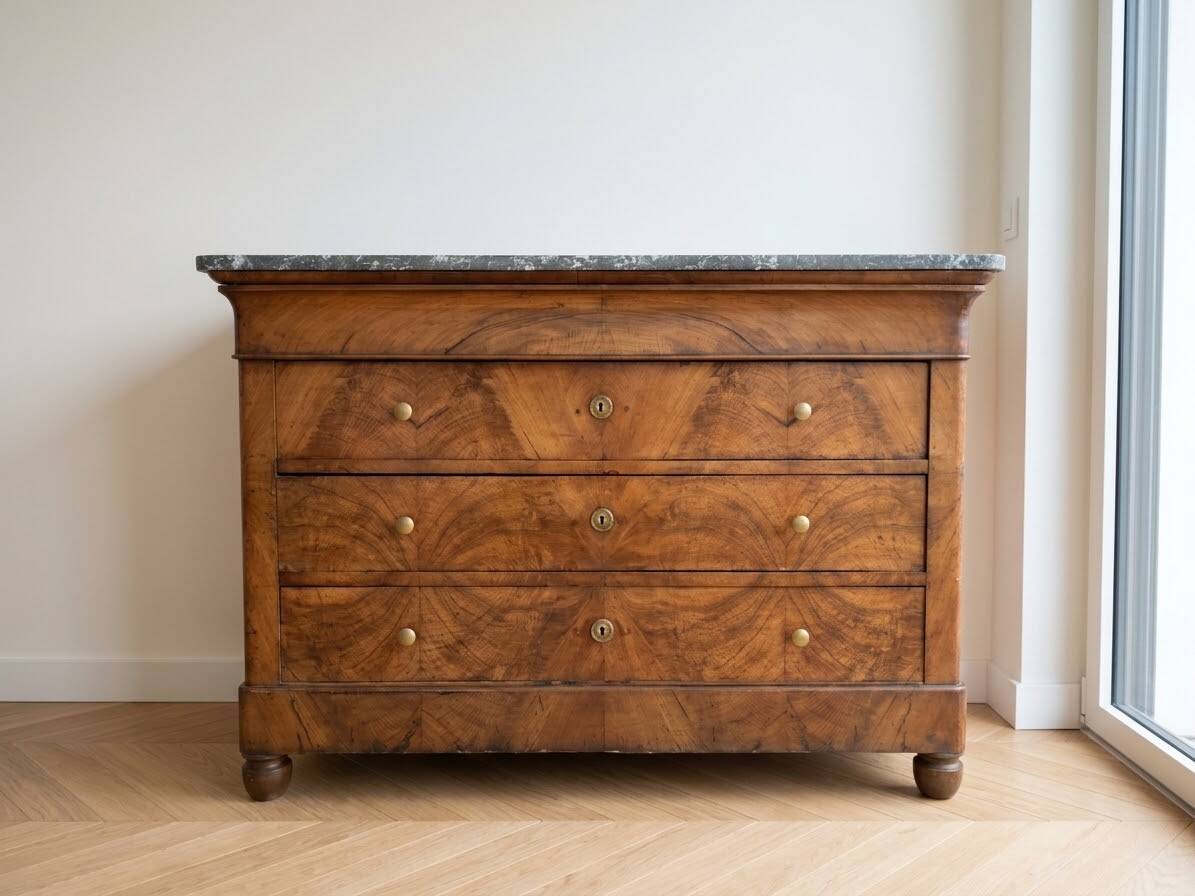 Antique walnut commode with a grey marble top.