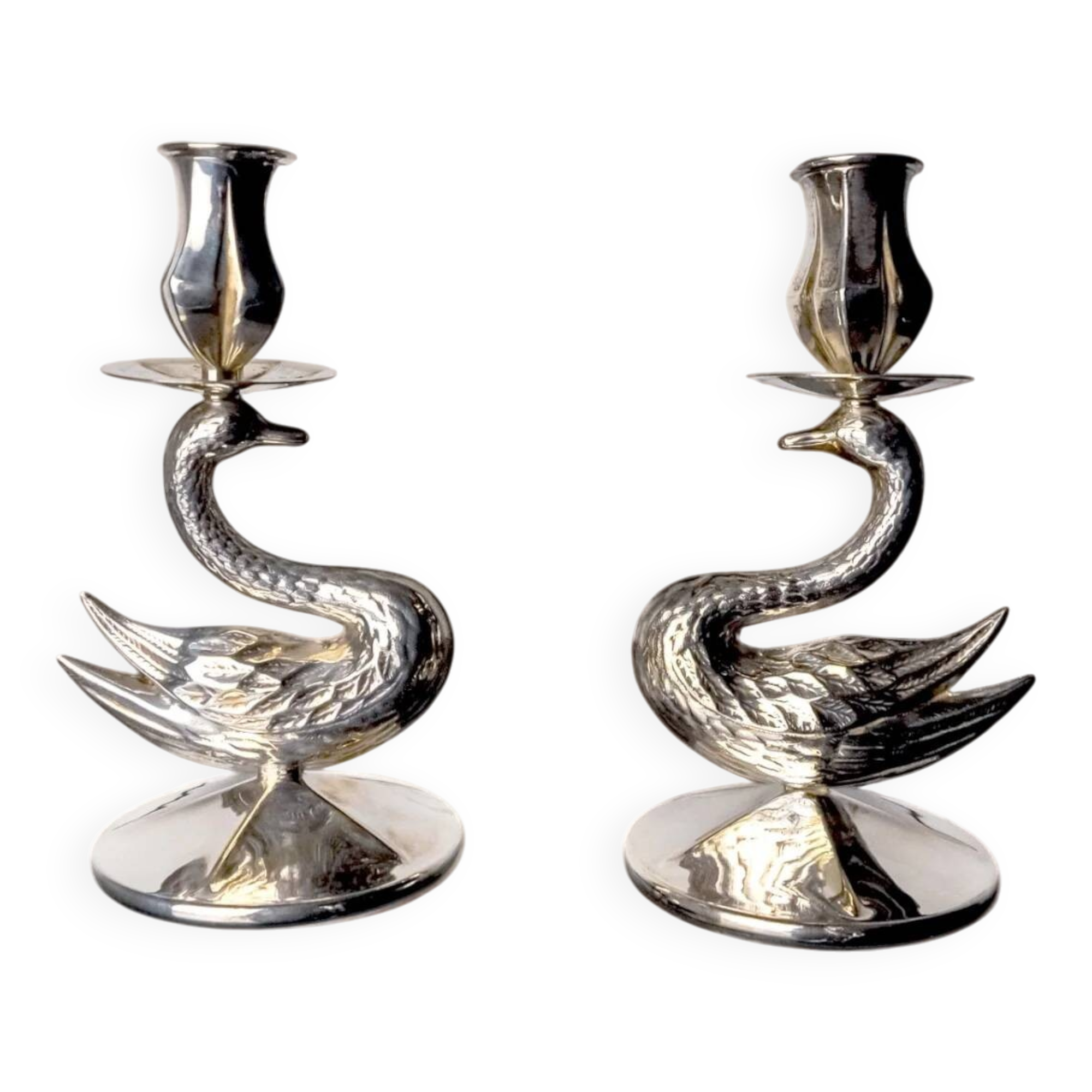 Pair of art deco swan candlesticks in alpaca, Spain, 1970