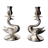 Pair of art deco swan candlesticks in alpaca, Spain, 1970