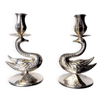 Pair of art deco swan candlesticks in alpaca, Spain, 1970