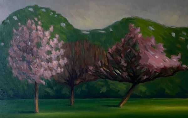 Huile sur carton représentant des arbres en fleurs dans le vent, 1920