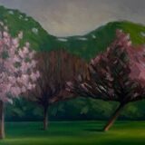 Huile sur carton représentant des arbres en fleurs dans le vent, 1920