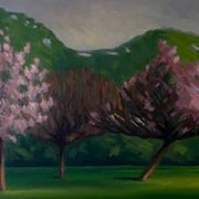 Huile sur carton représentant des arbres en fleurs dans le vent, 1920