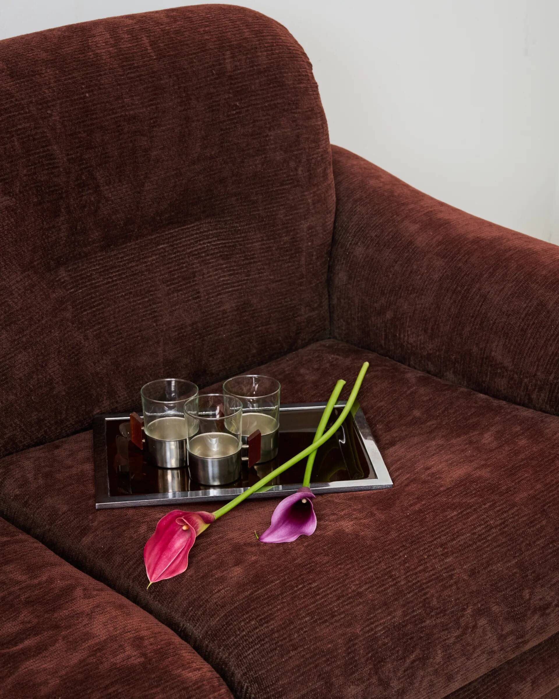 Brown velvet and chrome sofa, designed by Adriano Piazzesi, Italy, 1980s.