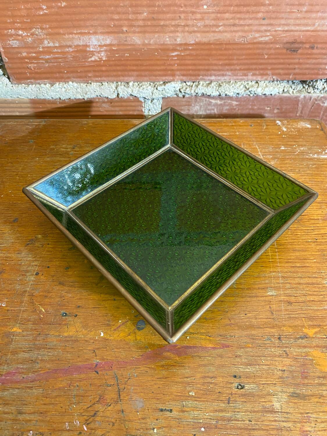 Bowl antique molded glass green + brass vintage