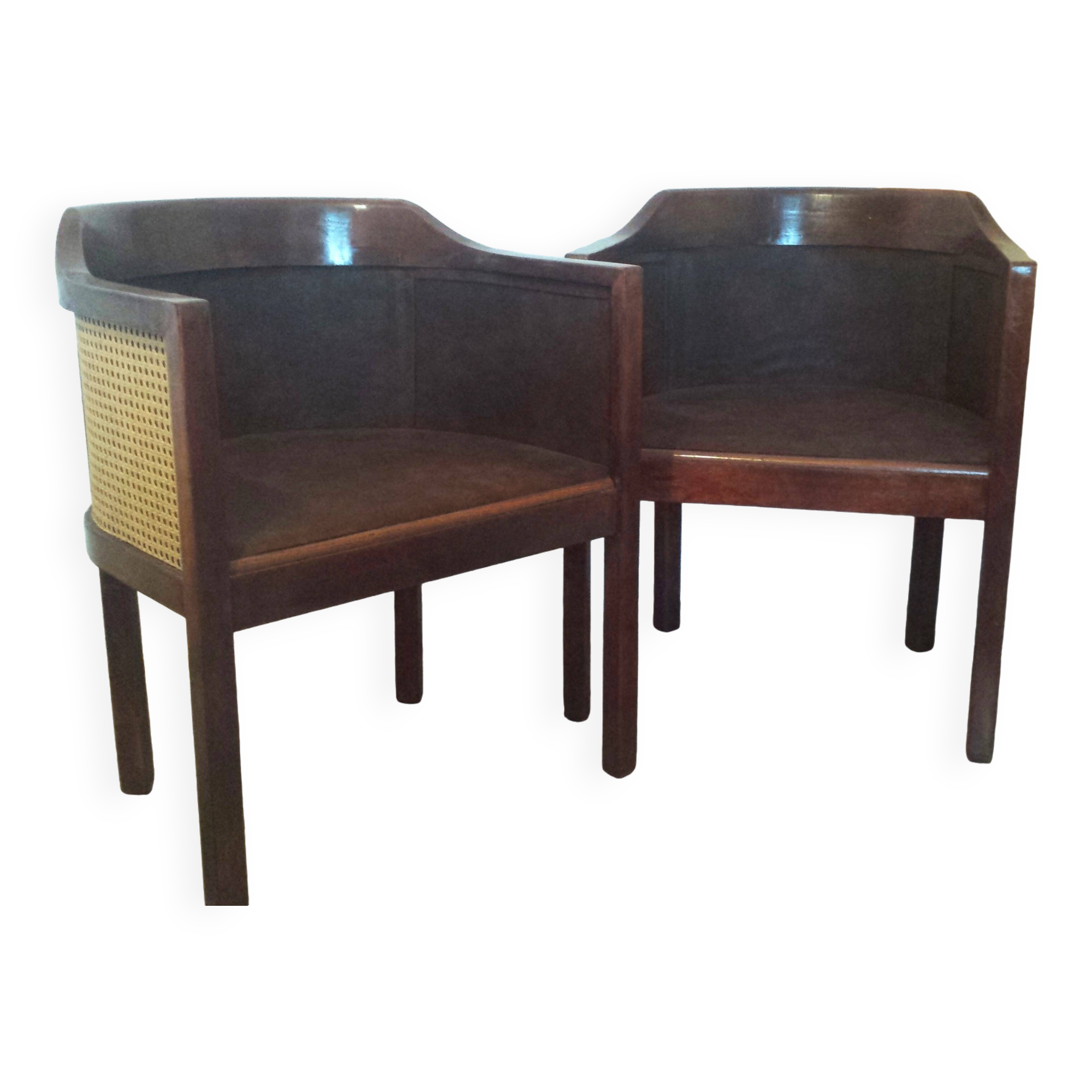 Art Deco style armchairs, wood and cane