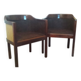 Art Deco style armchairs, wood and cane