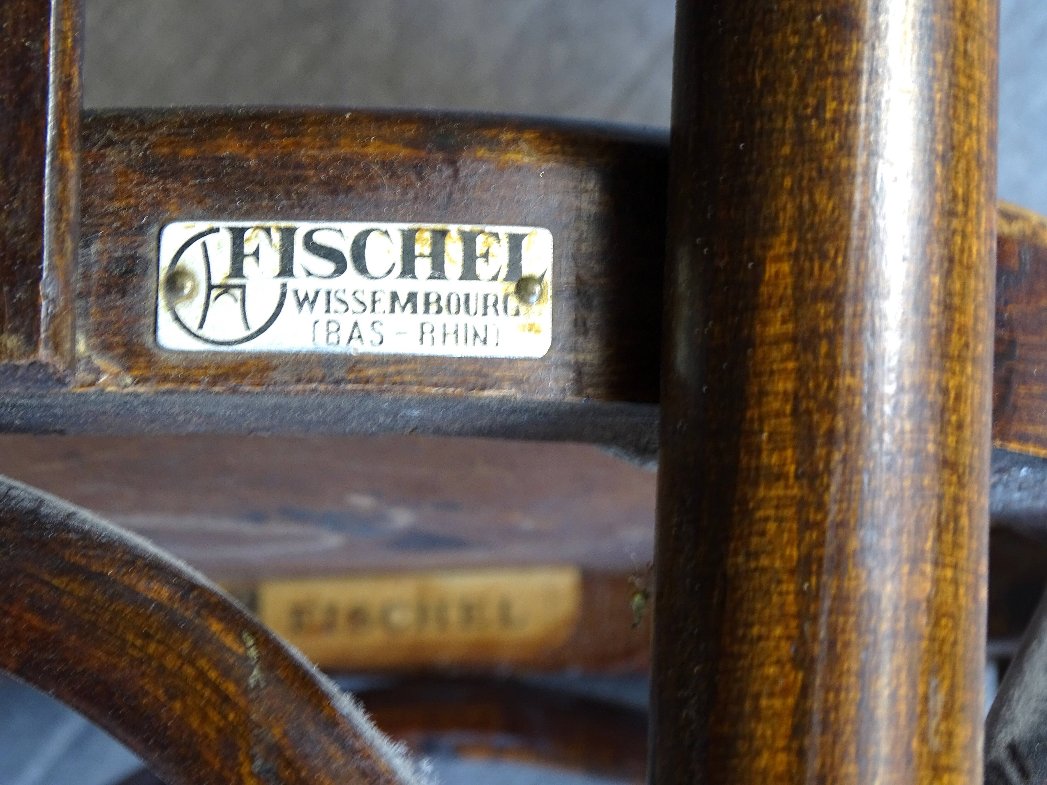 6 fischel n°409 bistro chairs, circa 1935, wooden seat, no thonet.