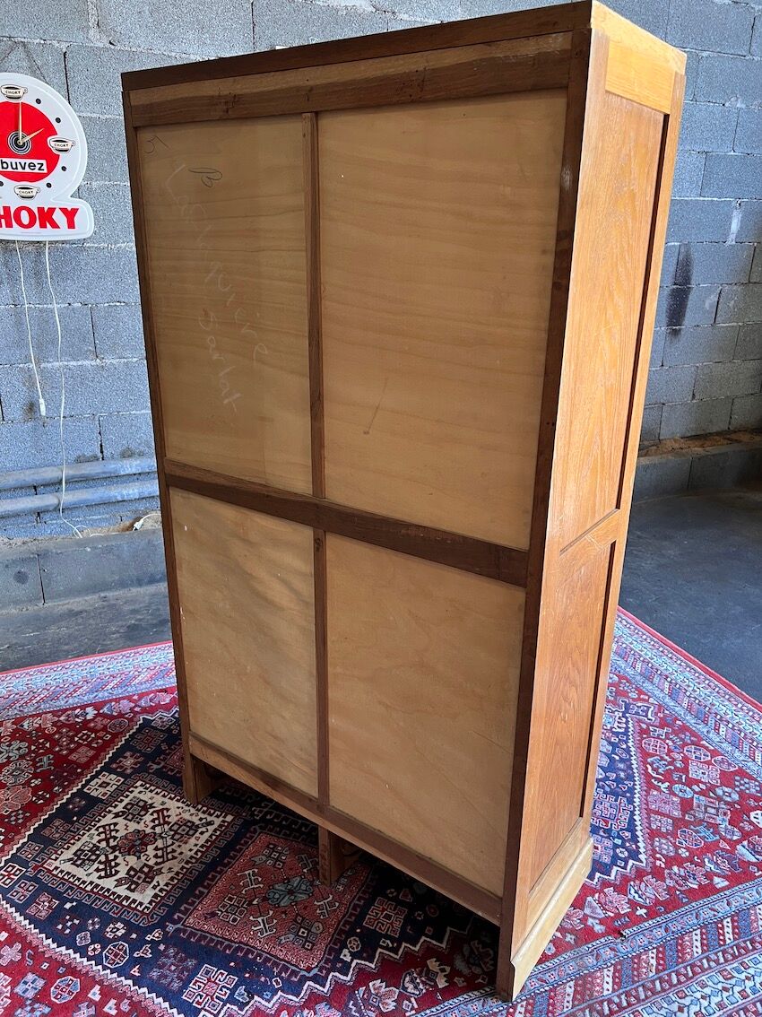 Meuble classeur double rideau vintage en chêne clair - Années 50