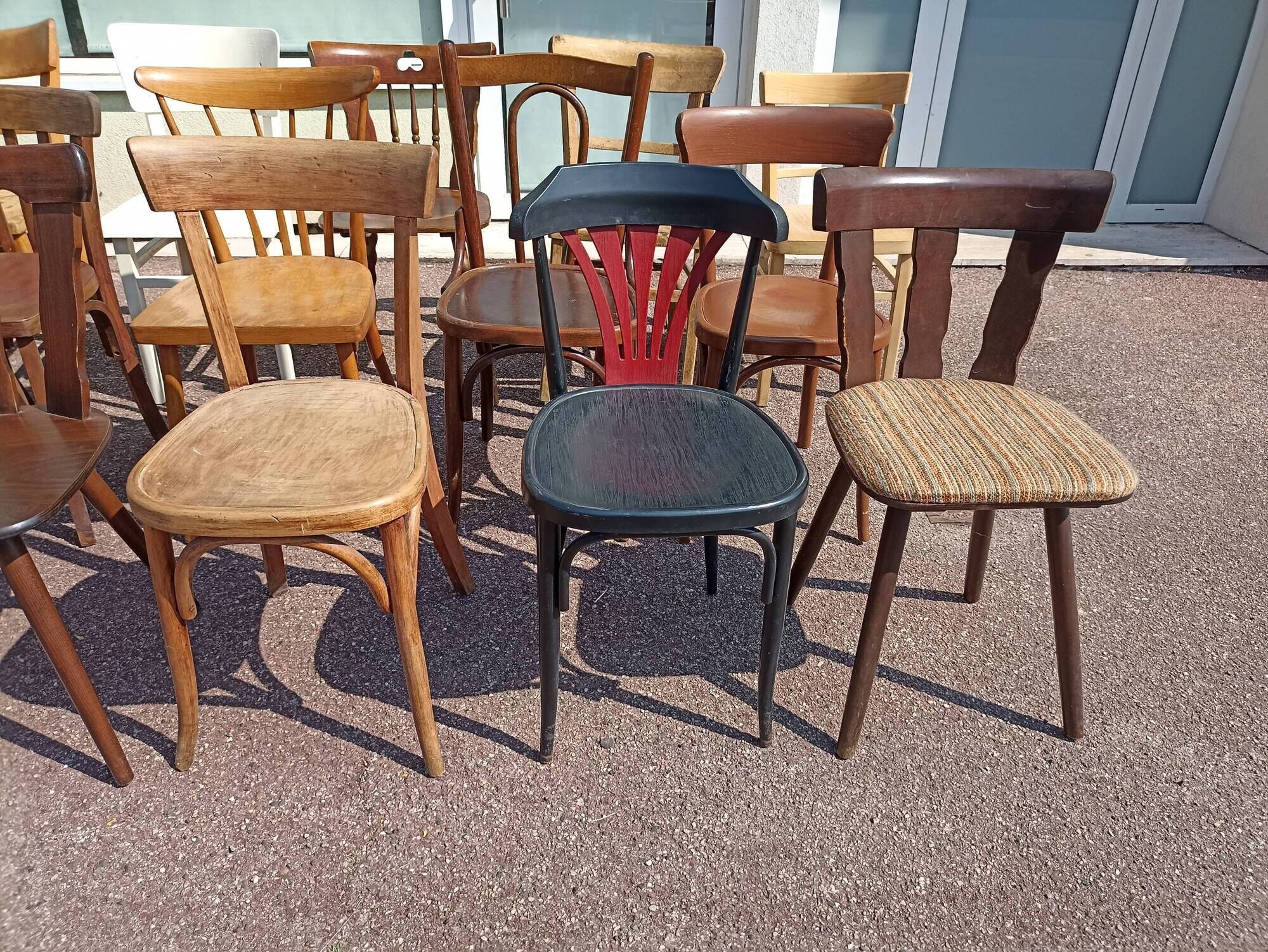 Set of 18 mismatched wooden bistro chairs - vintage