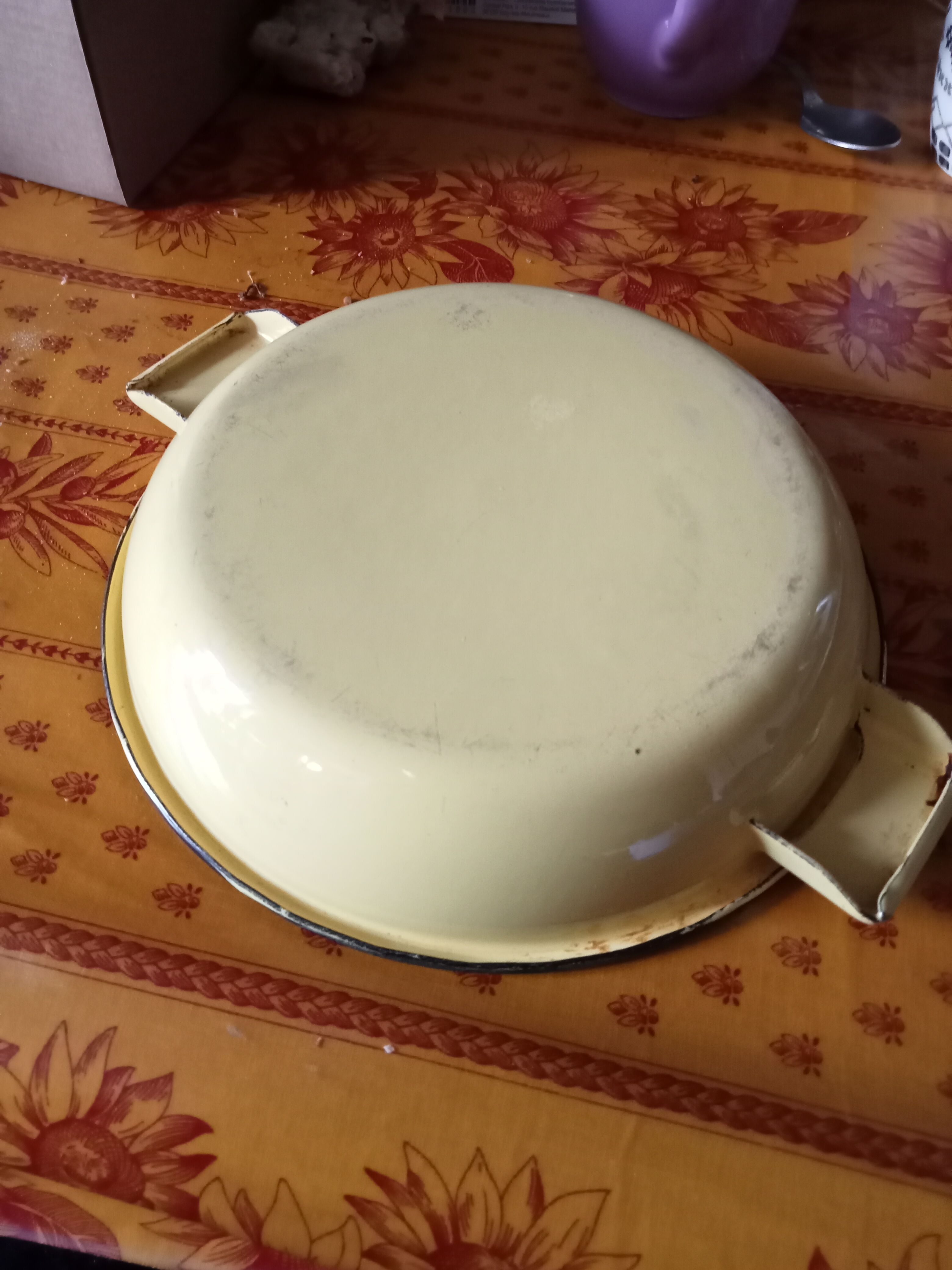 Enamelled dish with handles