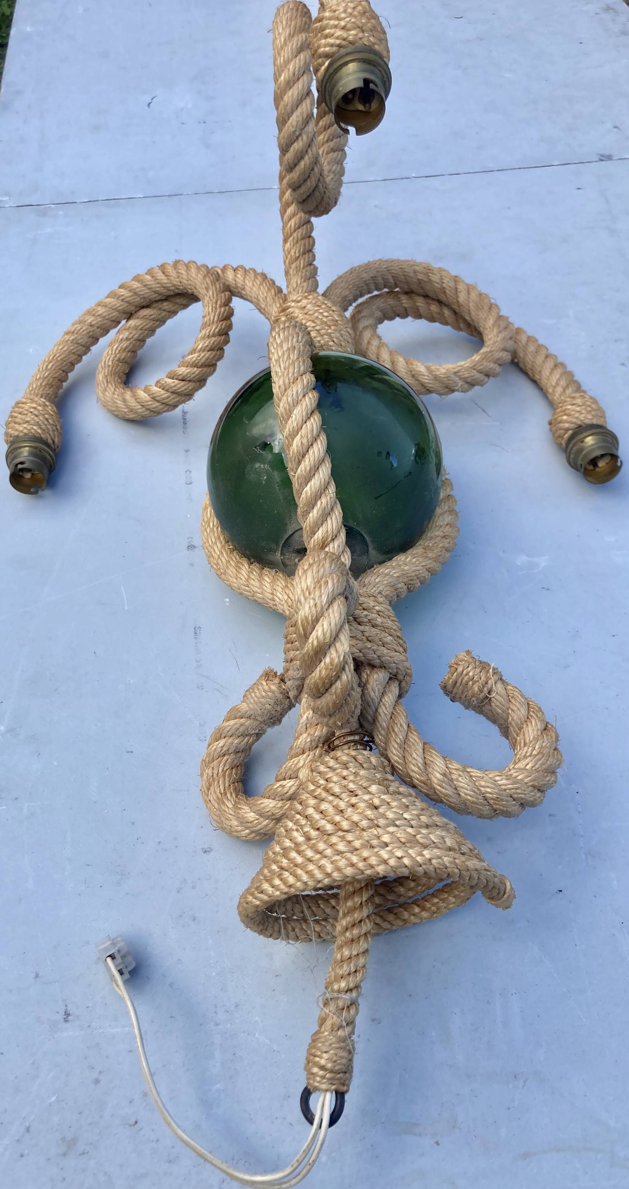 Audoux & Minet - vintage cord chandelier with 3 lights - France circa 1950