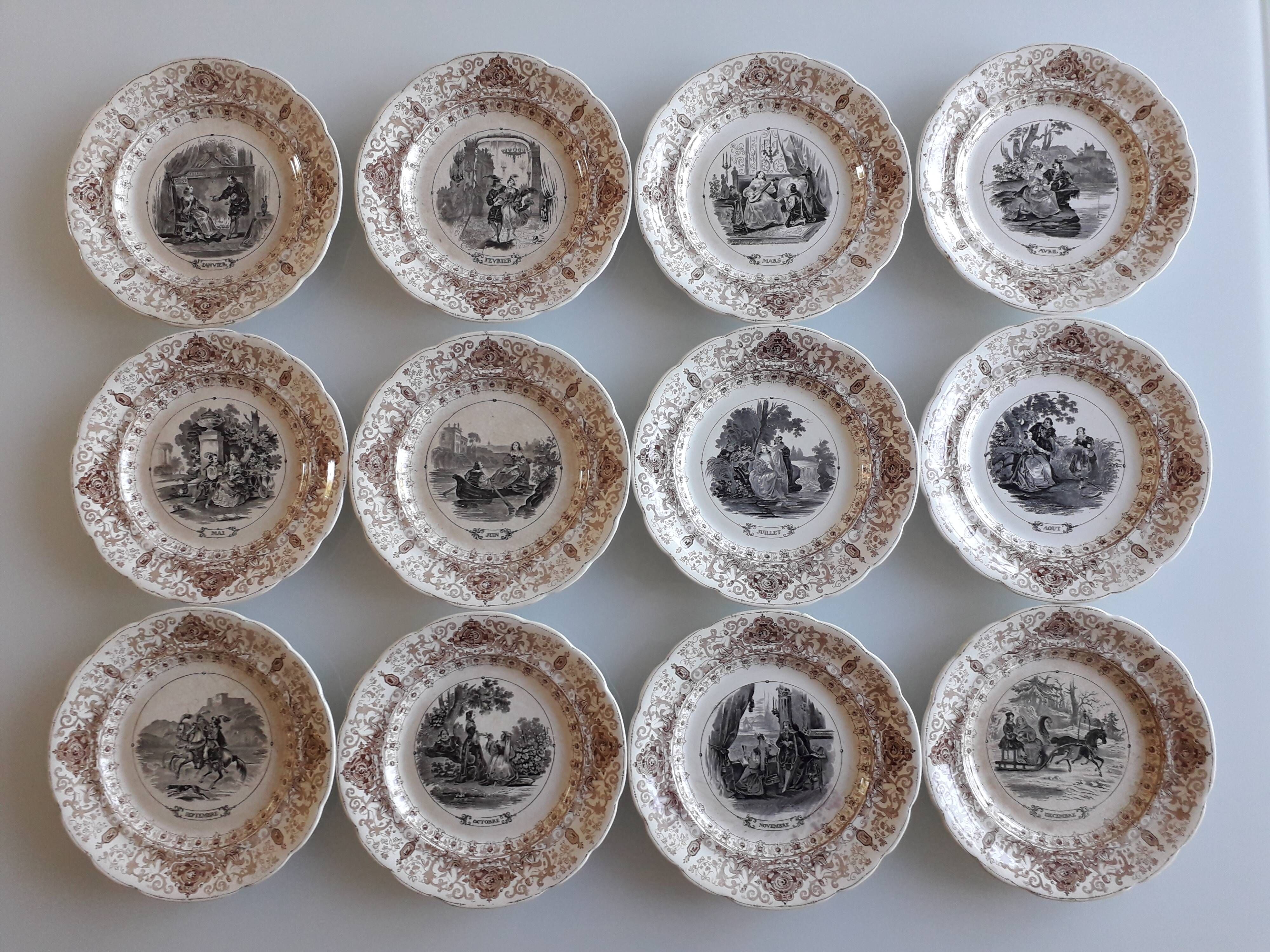 Set of 12 plates in Sarreguemines earthenware - decoration 12 months of the year
