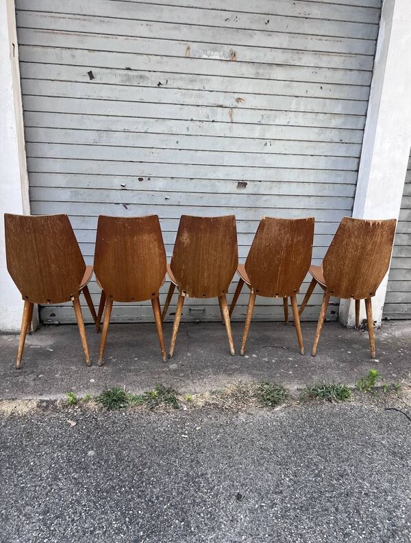 (Lot) 5 chaises vintage bois attribuées à Baumann (à restaurer)