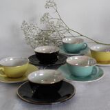 6 multicolored cups and saucers, pearly interior