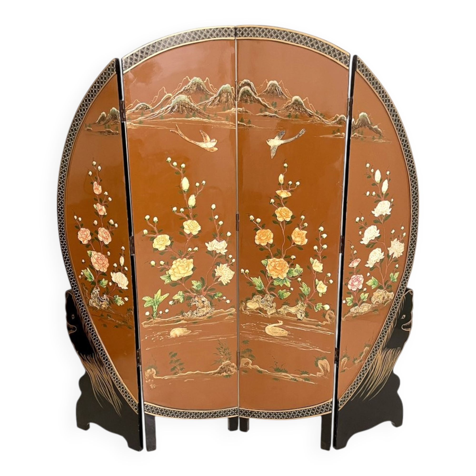 Chinoiserie and Black Lacquer Four-Panel Folding Screen Room Divider, 1930s