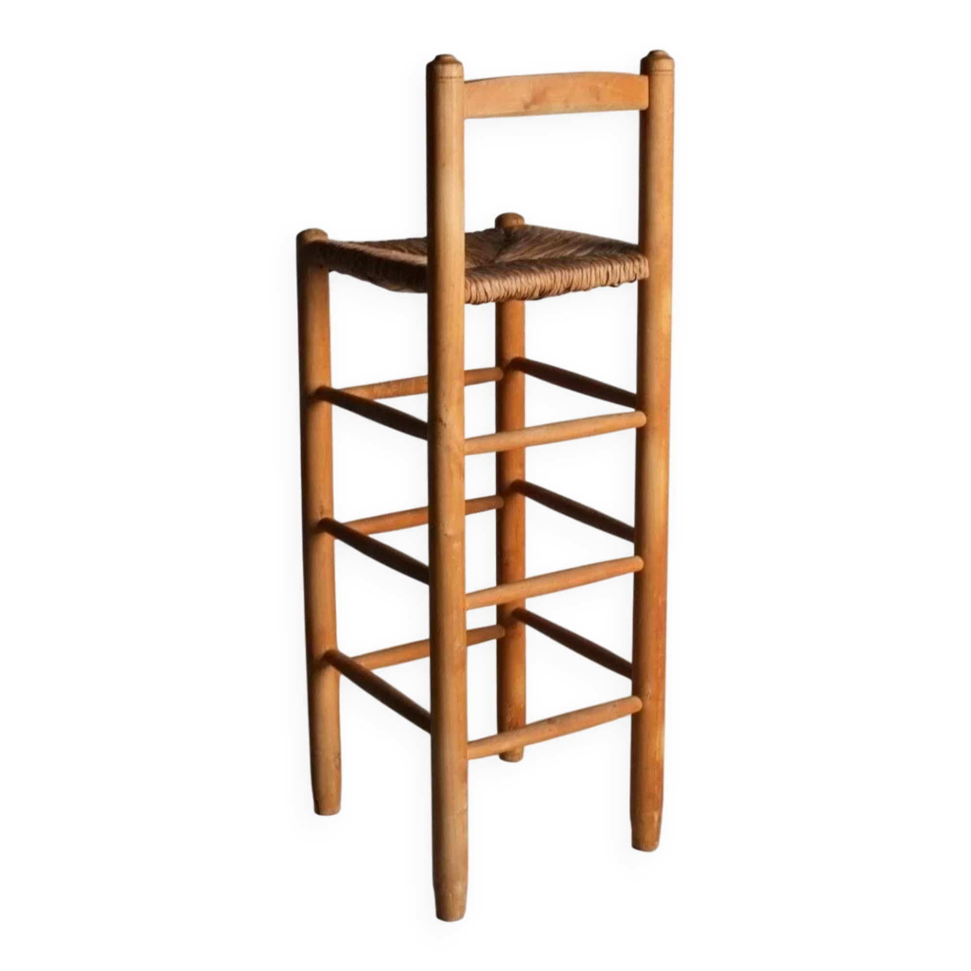 Tabouret de bar rustique à assise en jonc | France | Années 1960