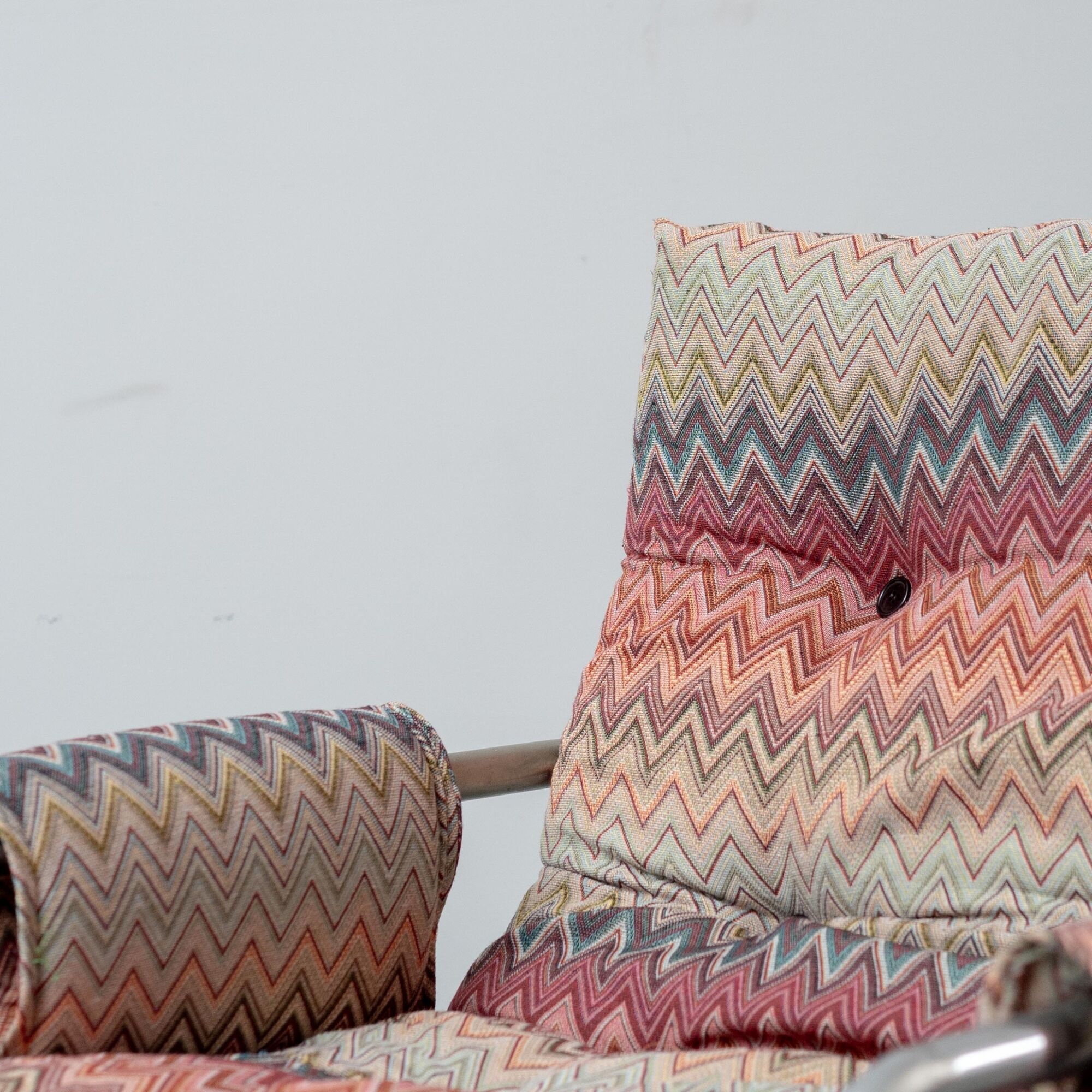 Pair of vintage metal armchairs with multicolour fabric – 1970s