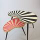 Side table, kidney-shaped, red-pink stripes, three elegant legs, 50s style