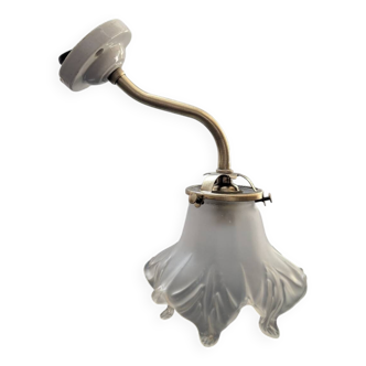 Antique swan neck wall lamp with brass tulip and pressed glass Art Deco 1930s in very good condition