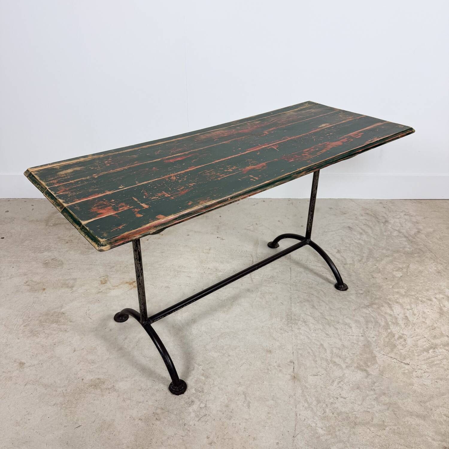 Vintage industrial bistro table with green painted wooden top