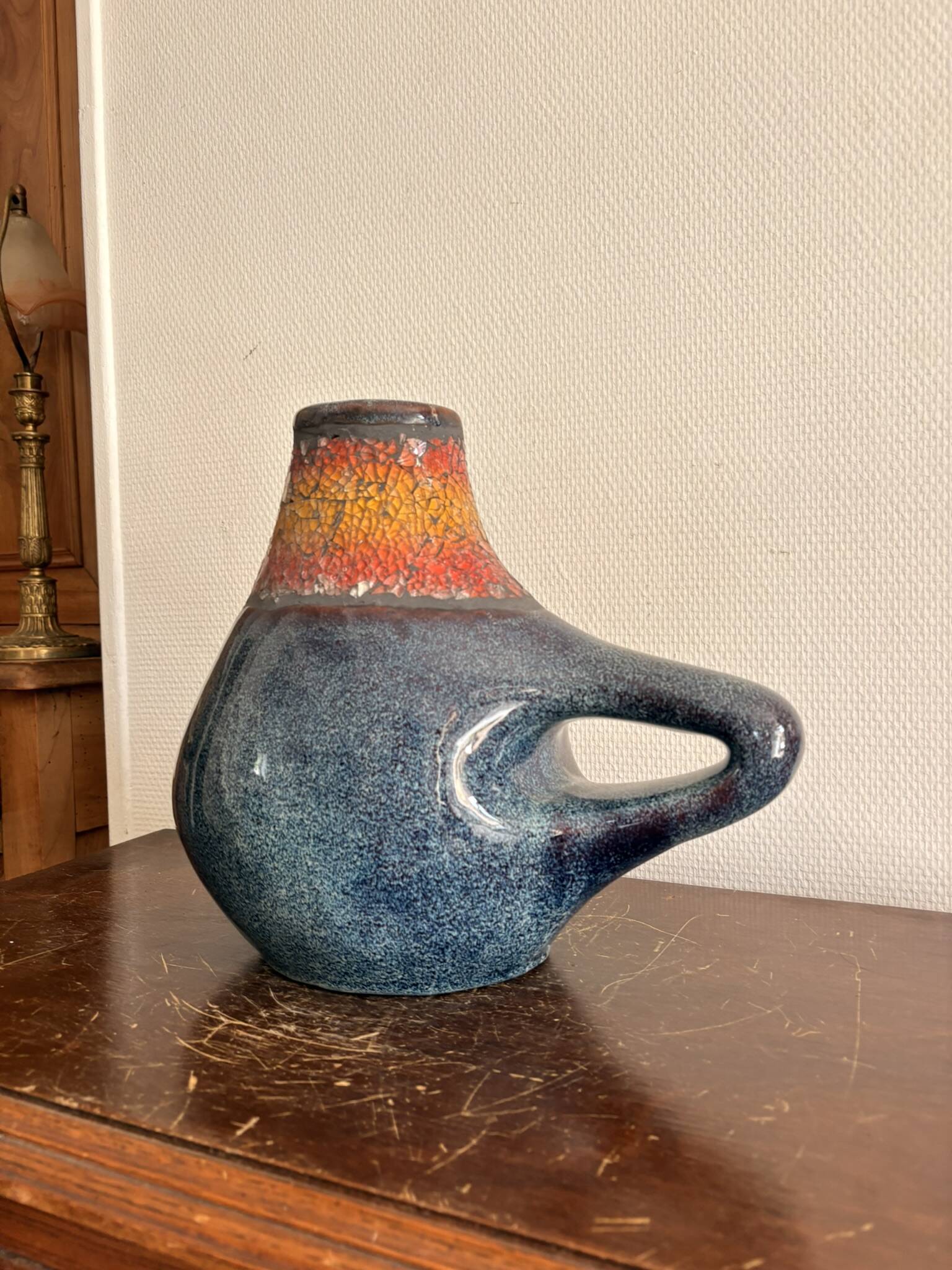 Ancient Gouette Vase Ceramic Blue Orange Fat Lava Mosaic