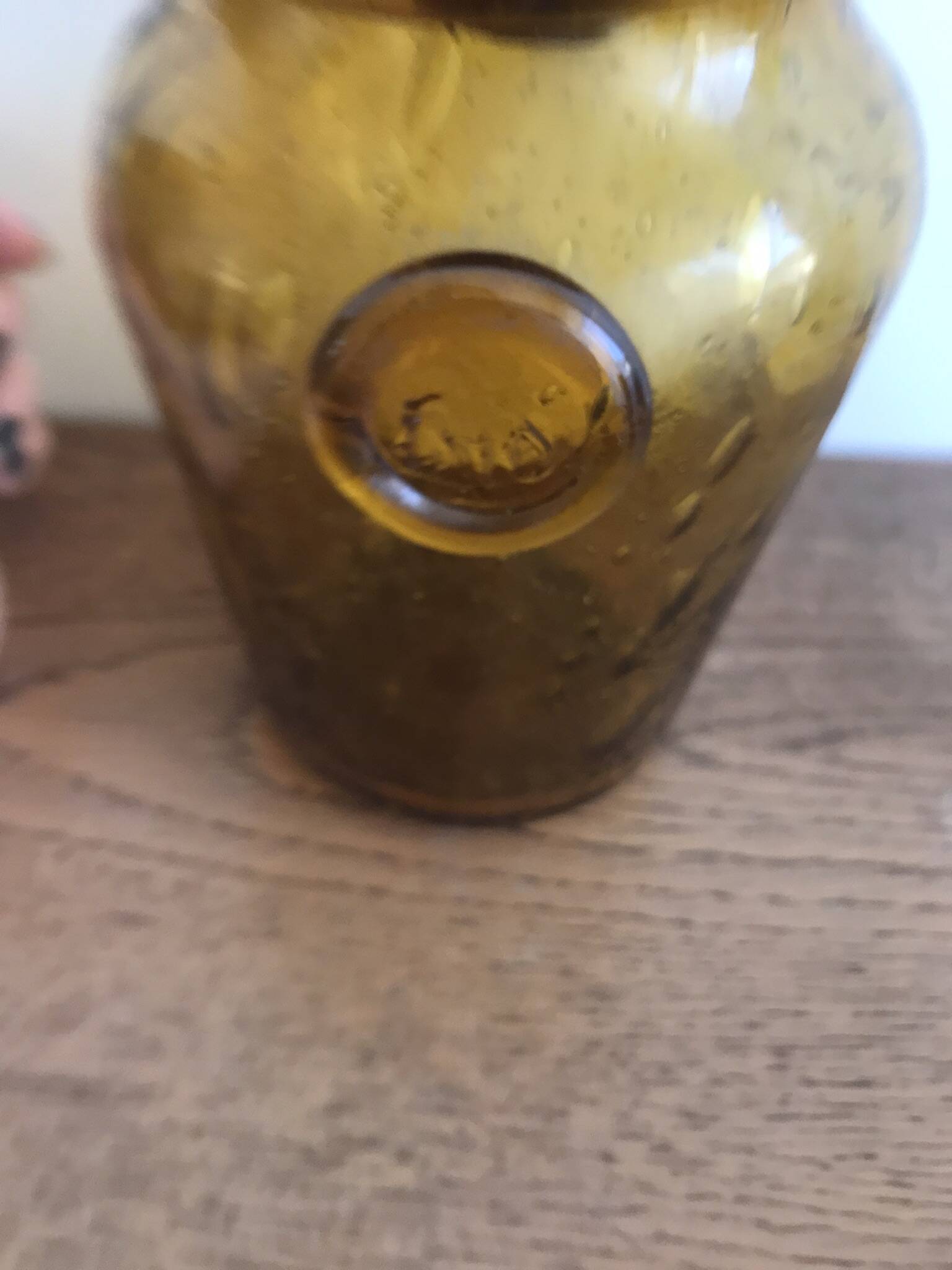 Handmade jar in blown bubbled glass Biot amber