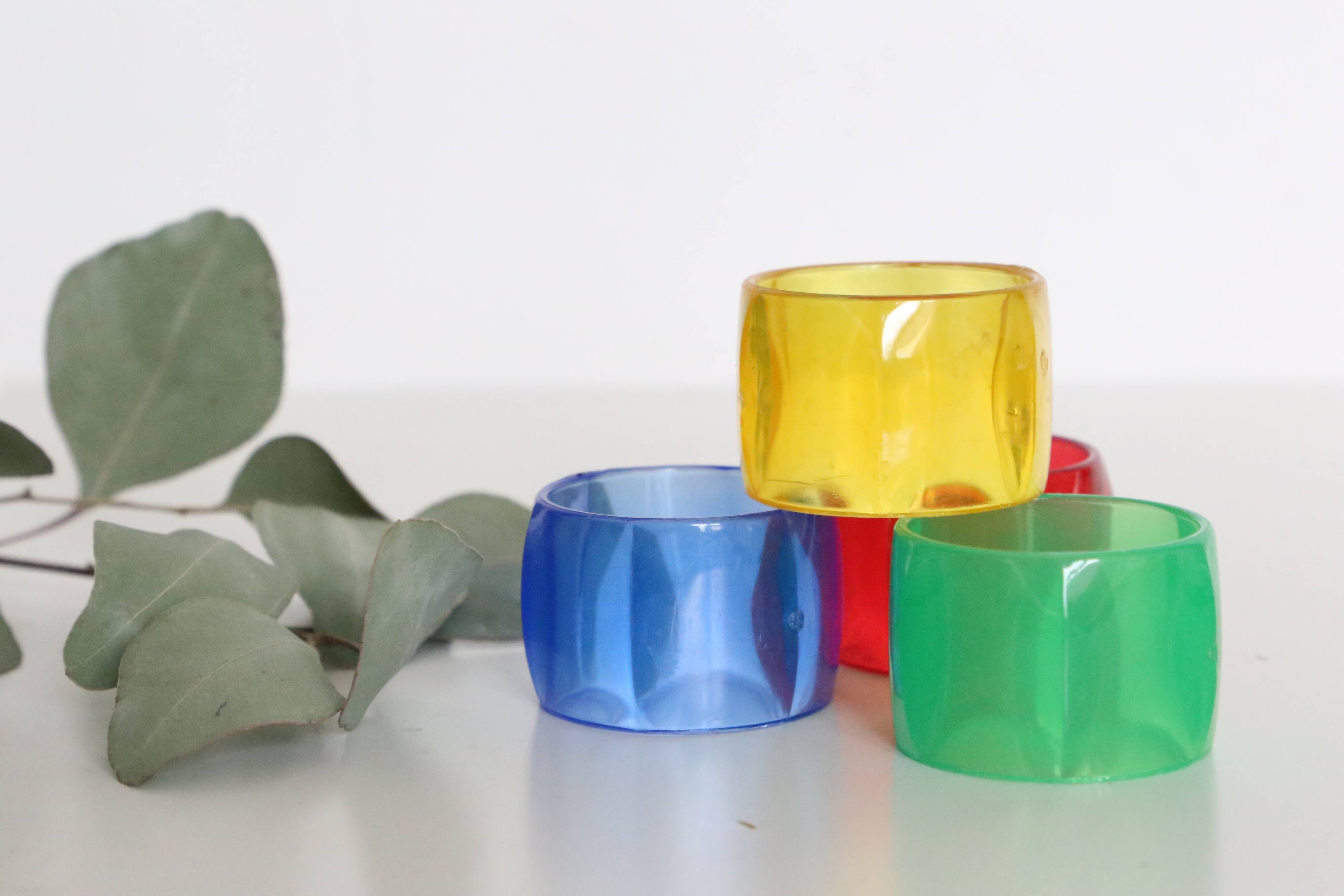 Colorful towel rings made of translucent plastic, vintage