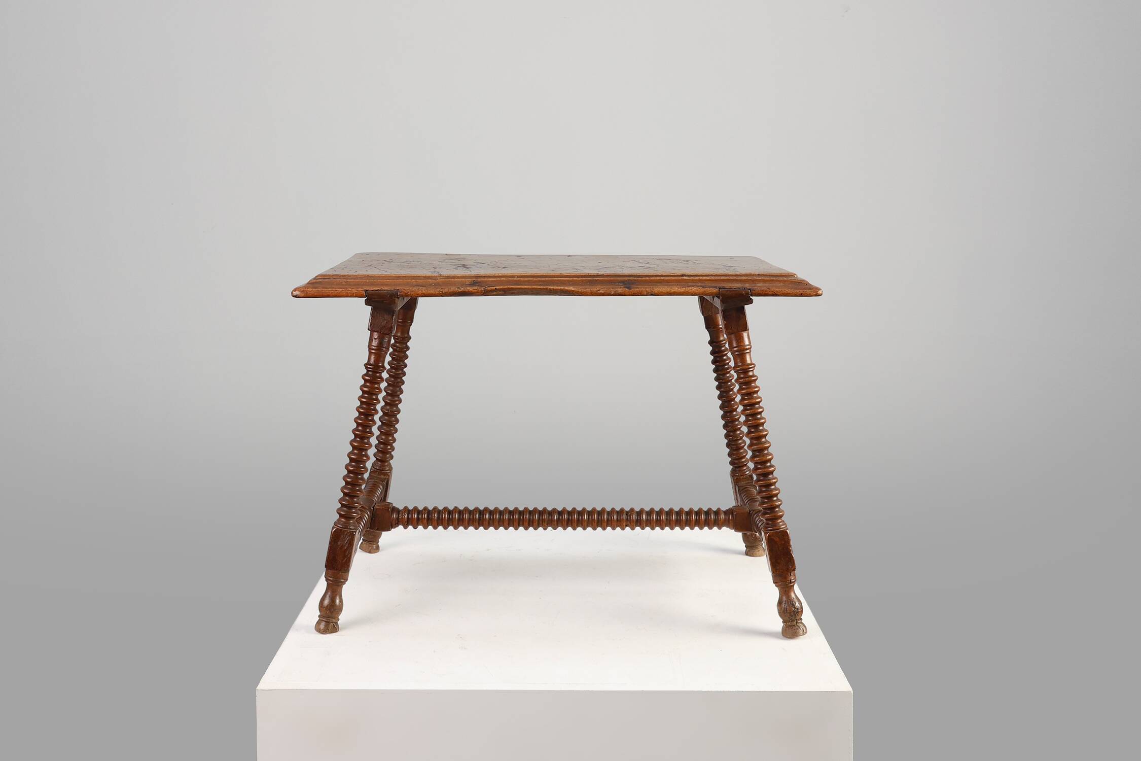 Antique Oak Side Table with Turned Legs and Stretcher Base, Spain, 17th Cen