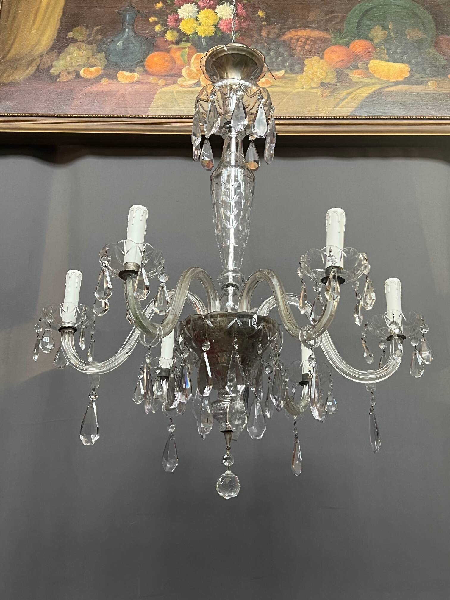 Venetian chandelier decorated with clear crystal and rare coloured crystal.