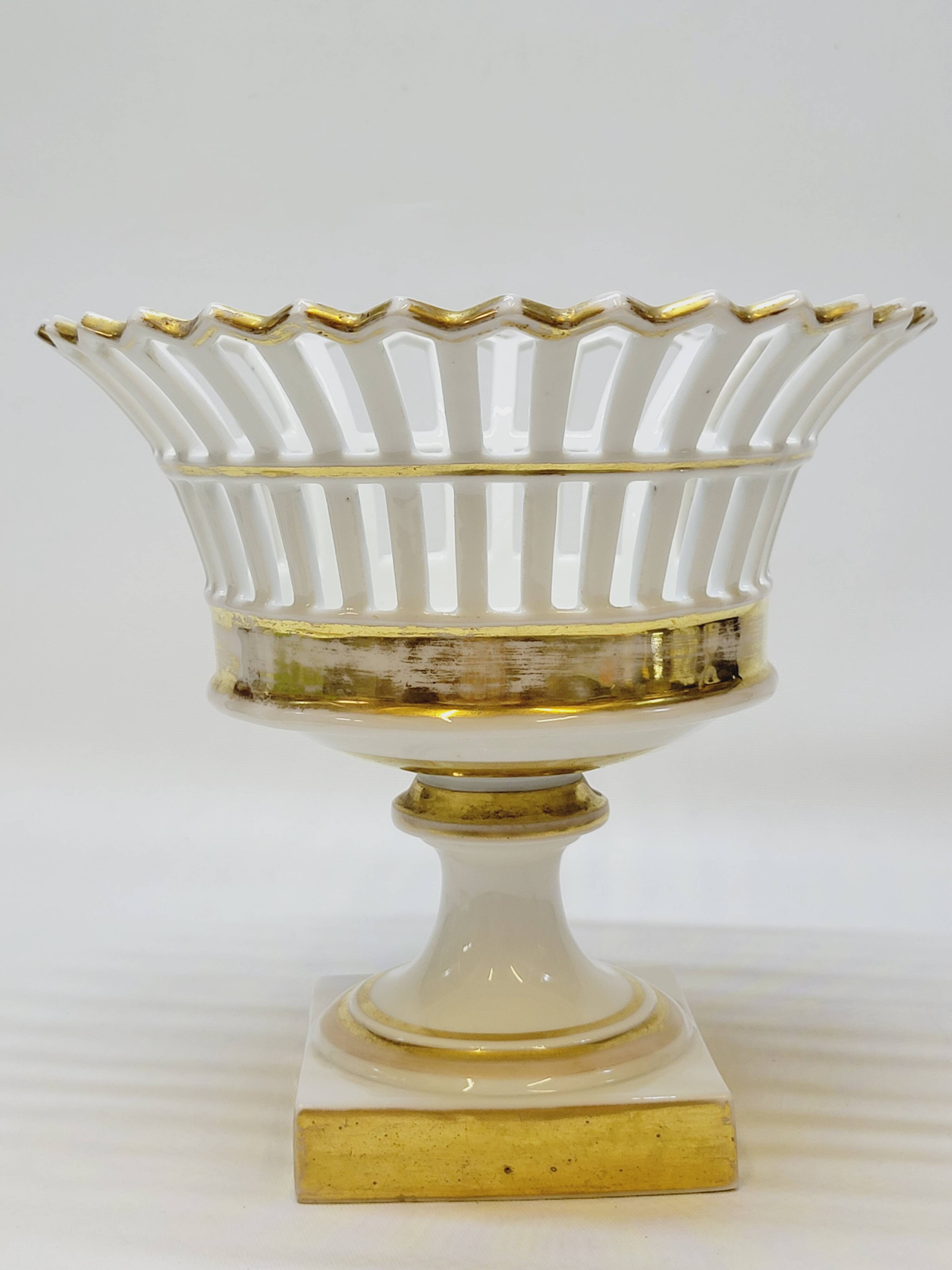 Bowl on Pedestal Openwork Basket White and Gold Porcelain Restoration E