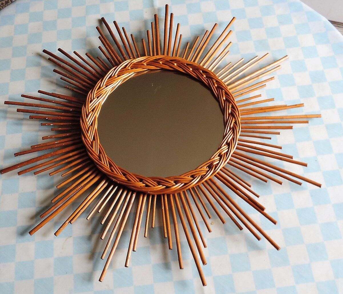 vintage wicker sun mirror 60x60cm