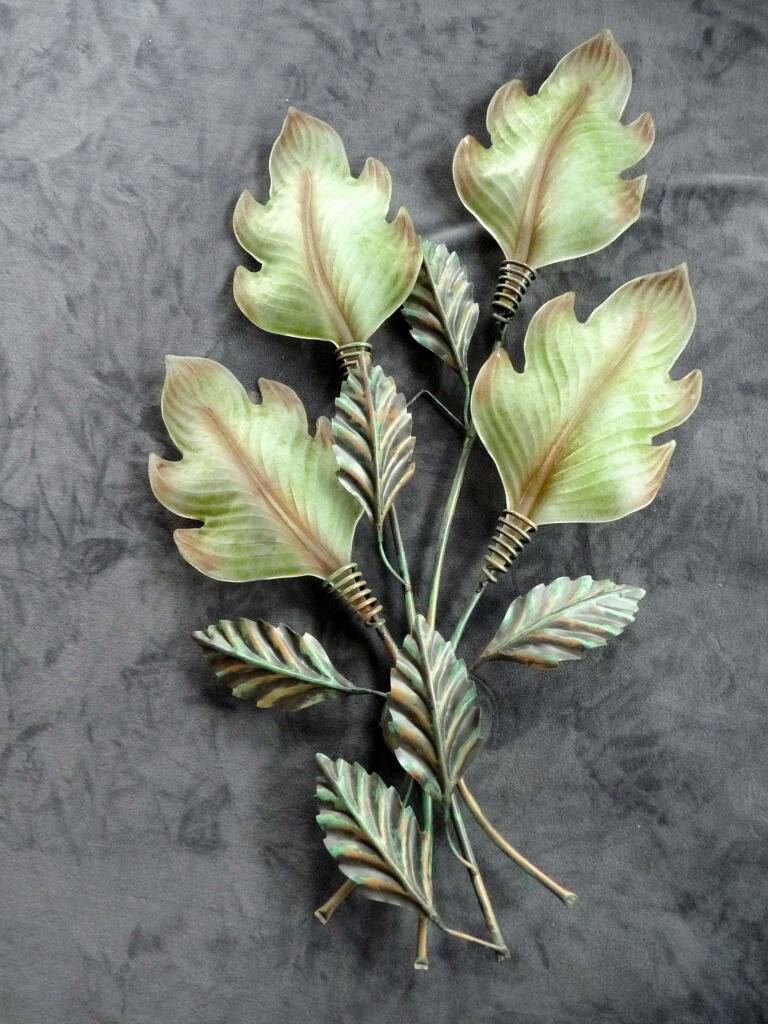 giant painted sheet metal wall lamp Murano glass plant leaf 105 cm